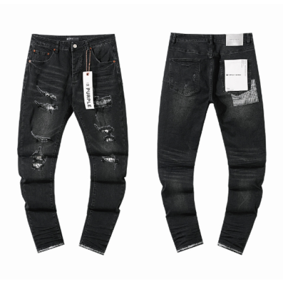 Black Washed Slim Denim Jeans with Multi-Rip Plaid-Lined Distressing